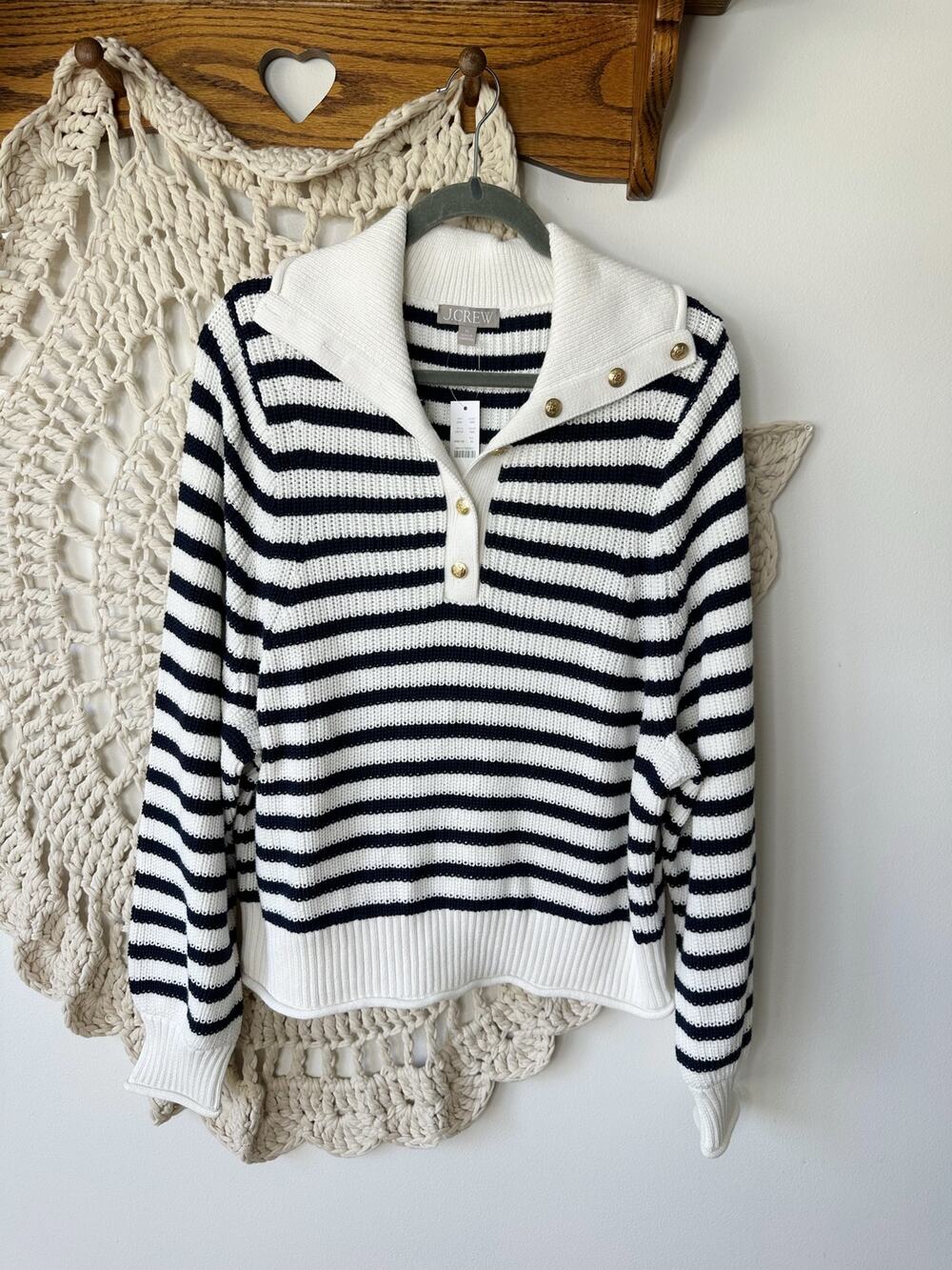NEW J.Crew Ribbed cotton button-collar sweater in stripe Size XL